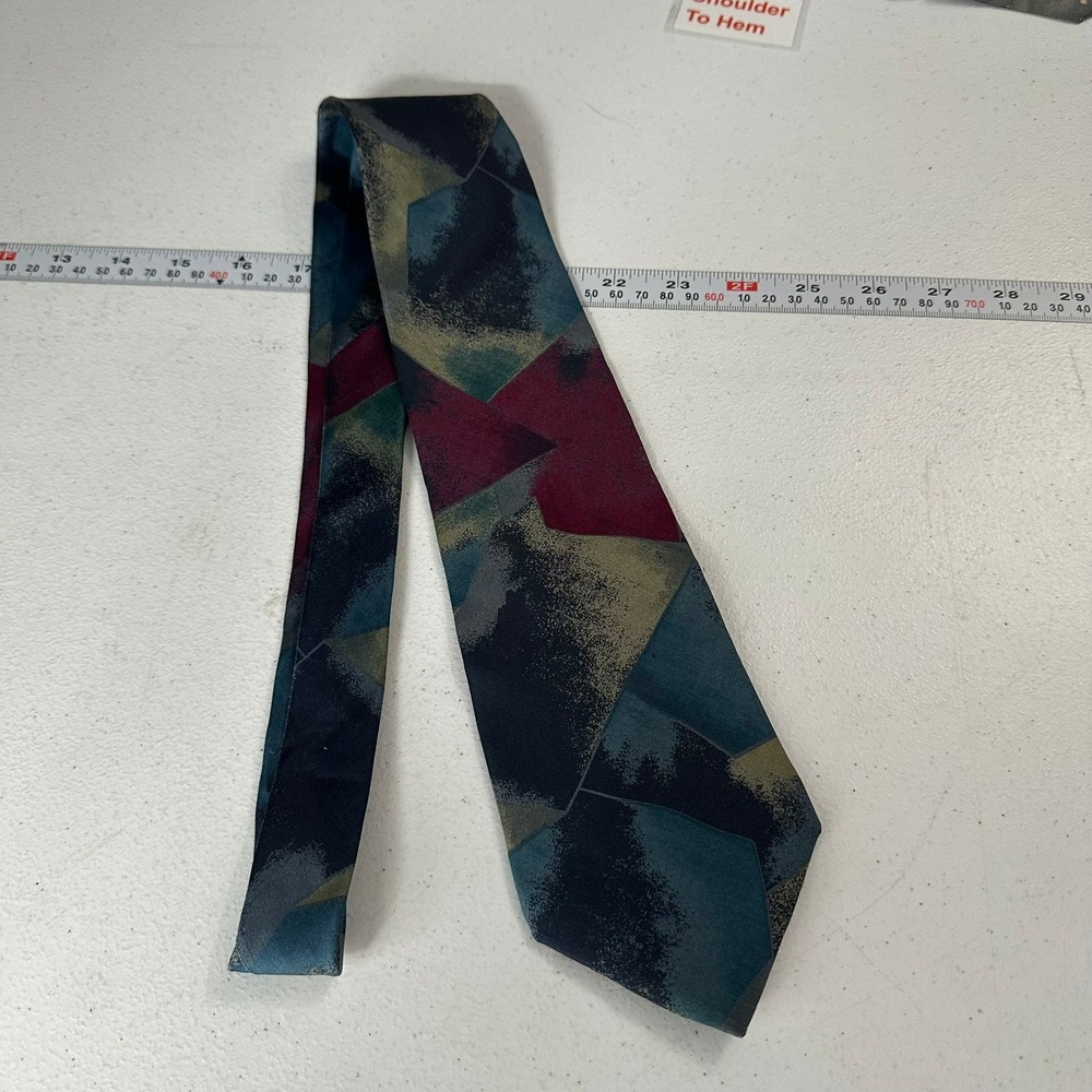 Don Loper Beverly Hills Mens Tie Abstract Geometric Teal Burgundy Italian Silk